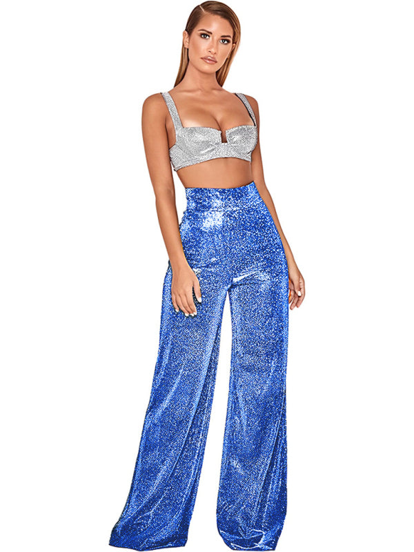 Women’s Hot Silver High‑Waist Wide Leg Pants – Straight Casual Trousers
