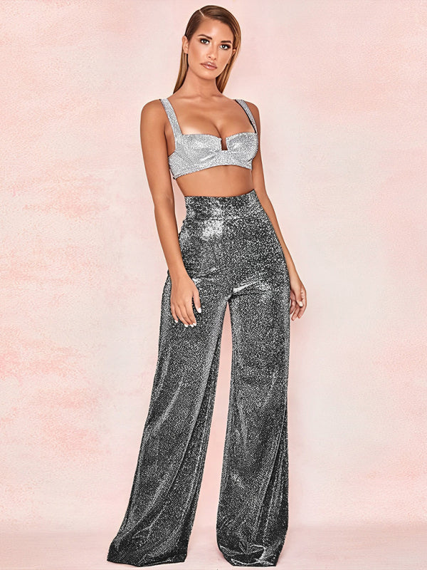 Women’s Hot Silver High‑Waist Wide Leg Pants – Straight Casual Trousers