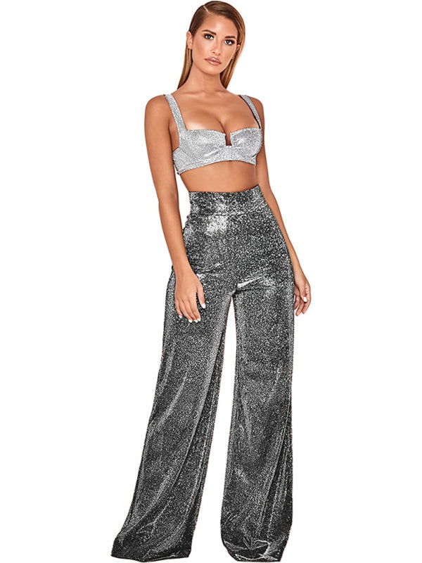 Women’s Hot Silver High‑Waist Wide Leg Pants – Straight Casual Trousers