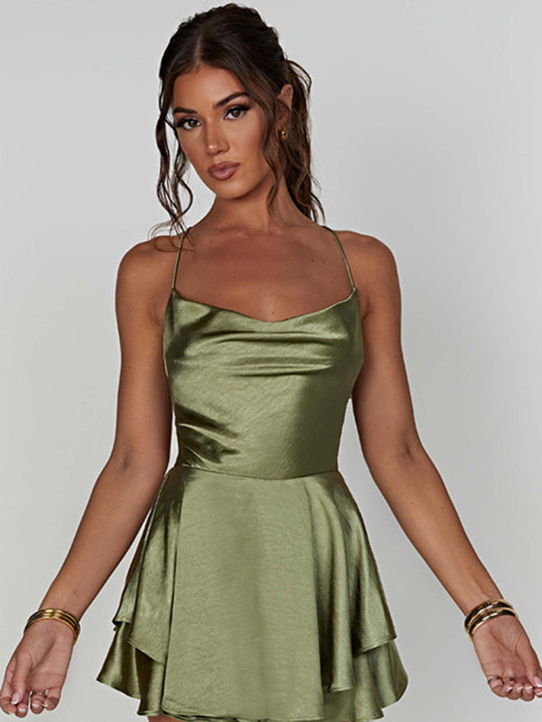 Women's Satin Backless Strappy A-Hem Suspender Dress