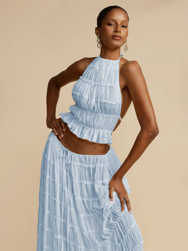 Backless Lace-Up Halter Top & Pleated Skirt Set