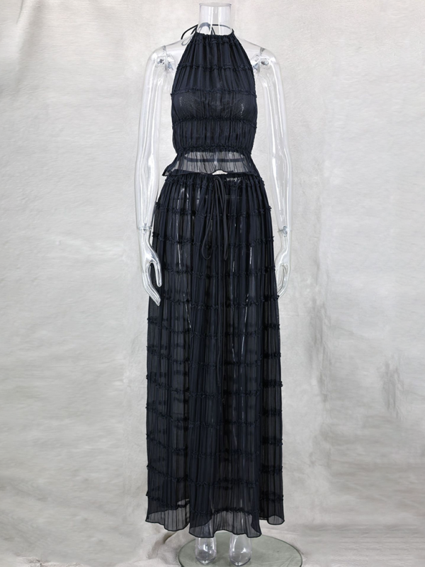 Backless Lace-Up Halter Top & Pleated Skirt Set