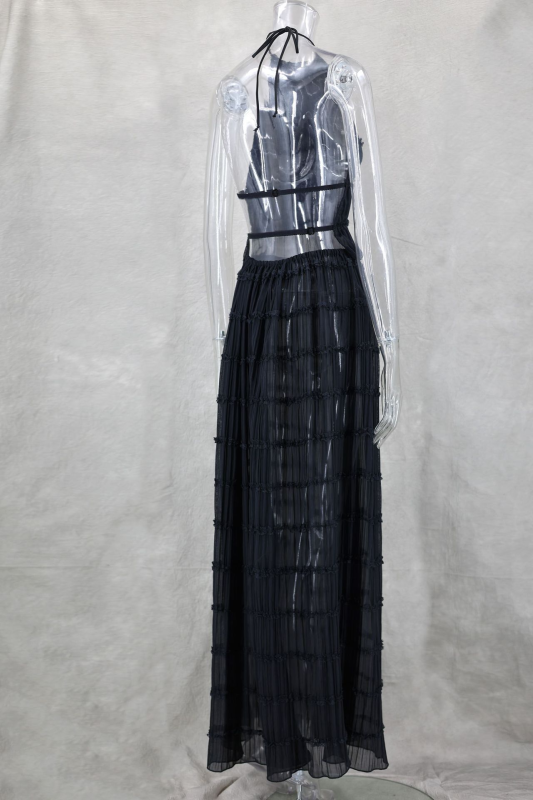Backless Lace-Up Halter Top & Pleated Skirt Set