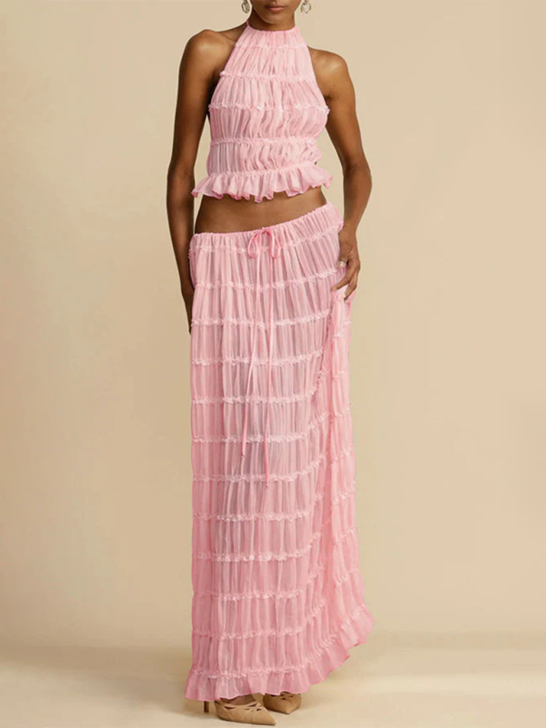 Backless Lace-Up Halter Top & Pleated Skirt Set