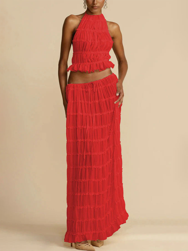 Backless Lace-Up Halter Top & Pleated Skirt Set