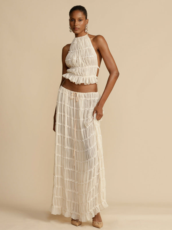 Backless Lace-Up Halter Top & Pleated Skirt Set
