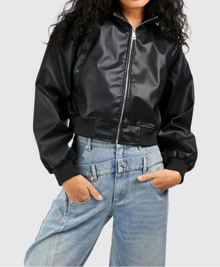 Cropped Faux Leather Zip Bomber Jacket For Women