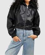 Cropped Faux Leather Zip Bomber Jacket For Women