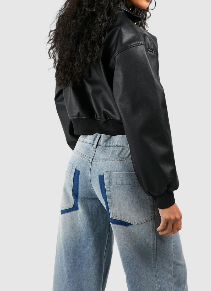 Cropped Faux Leather Zip Bomber Jacket For Women