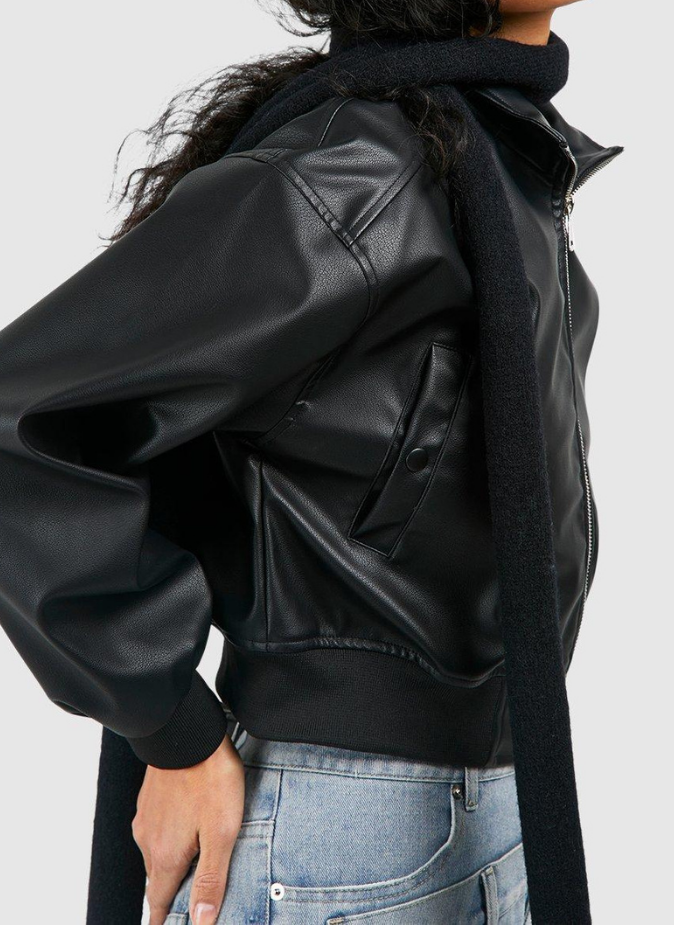 Cropped Faux Leather Zip Bomber Jacket For Women