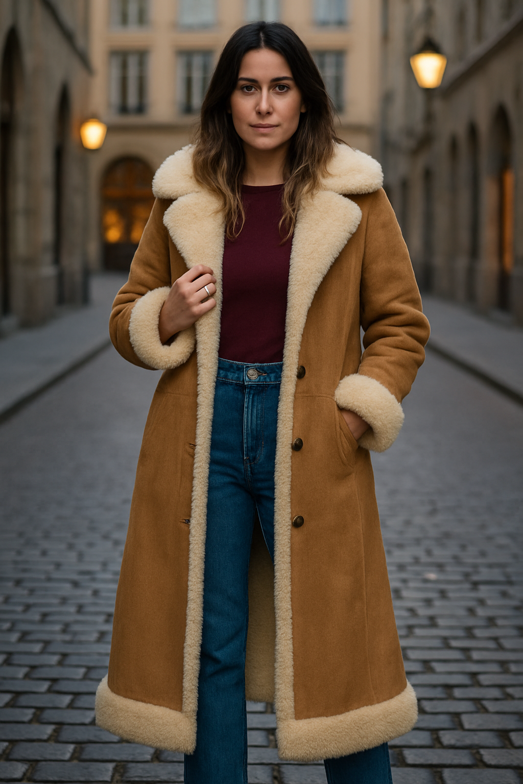Long Shearling Lined Tan Winter Coat for Women