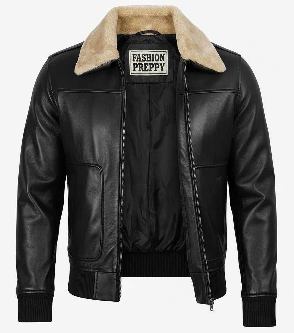 Men’s Black Bomber Leather Jacket with Fur Collar