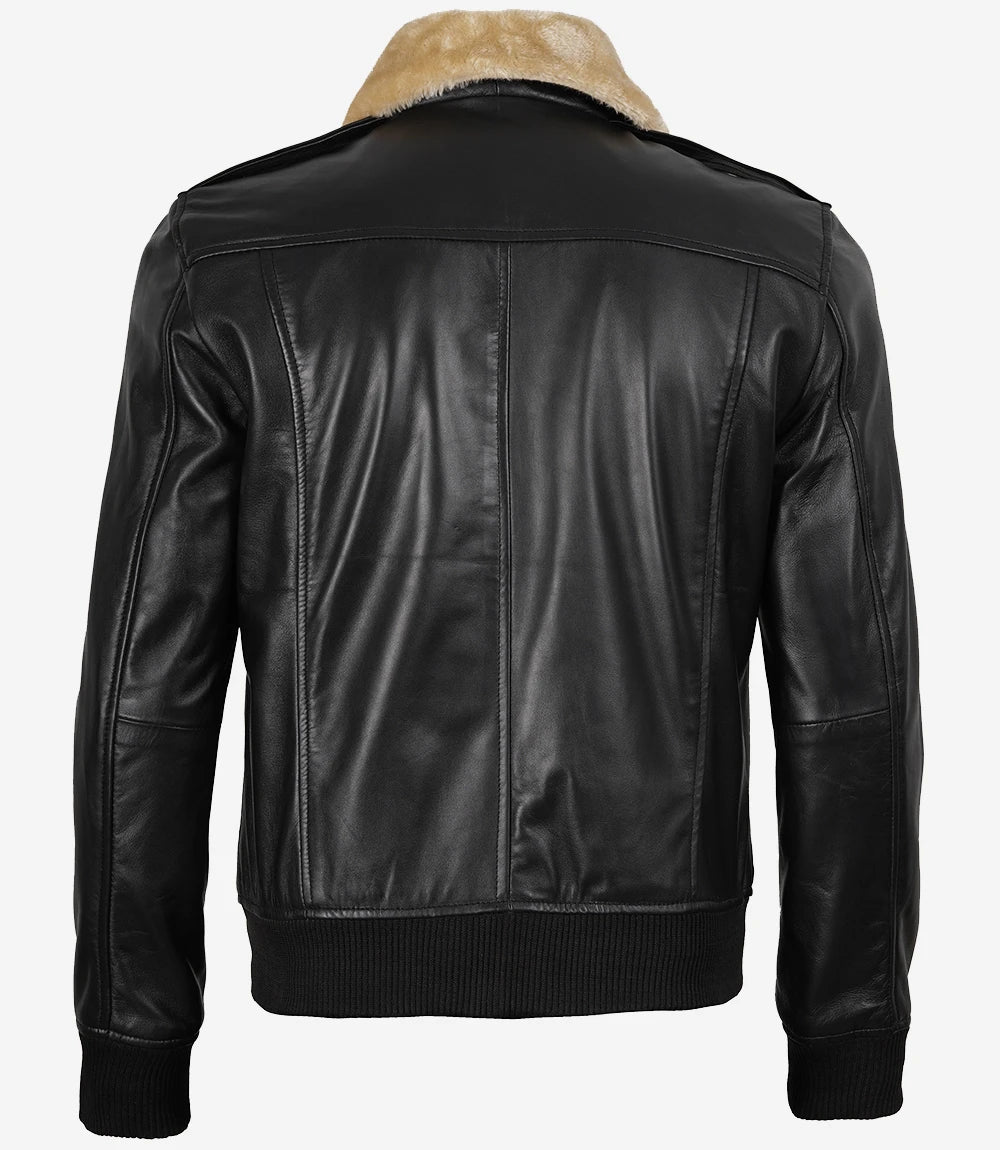 Men’s Black Bomber Leather Jacket with Fur Collar