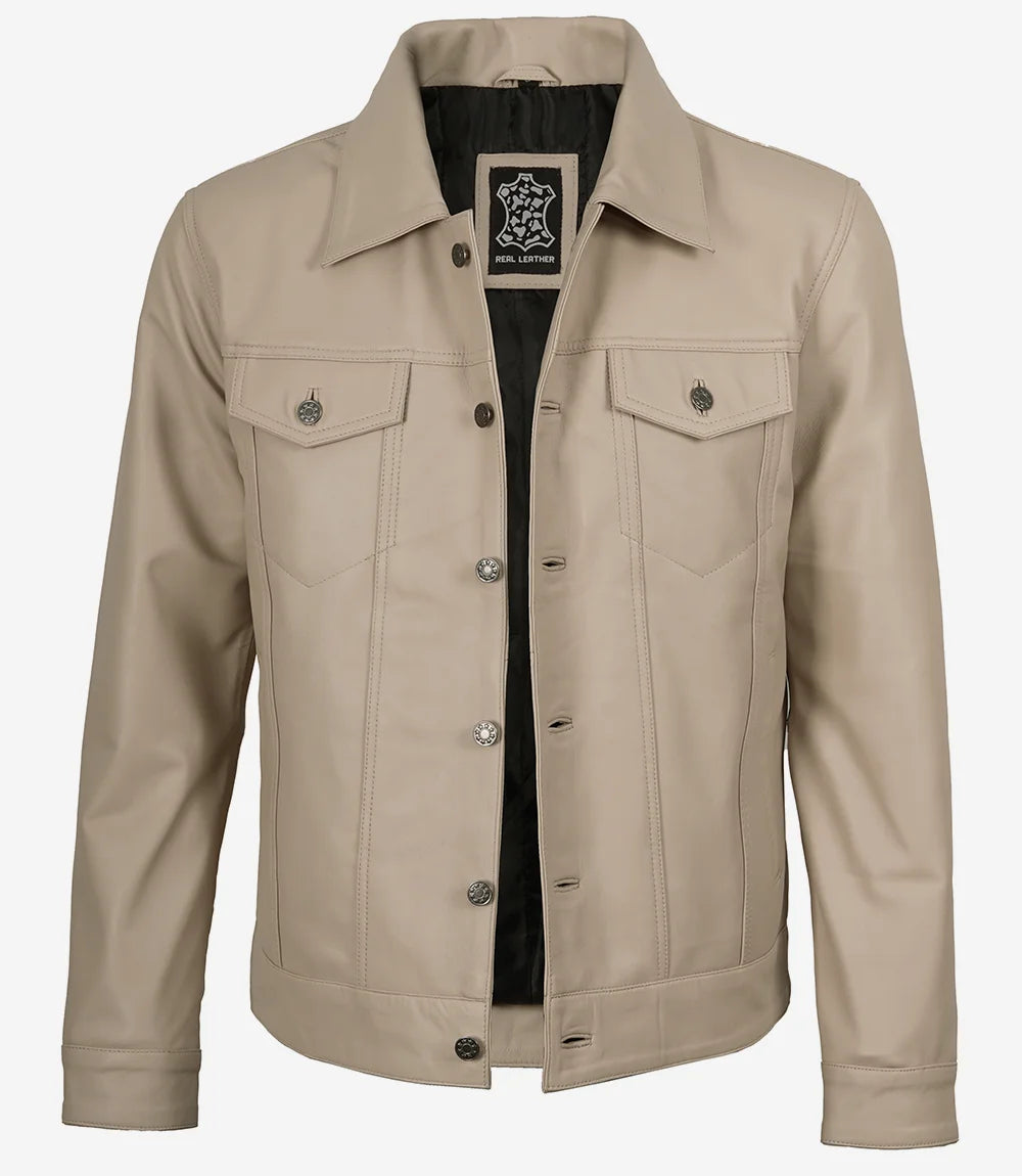 Men's Real Lambskin Leather Beige Trucker Jacket