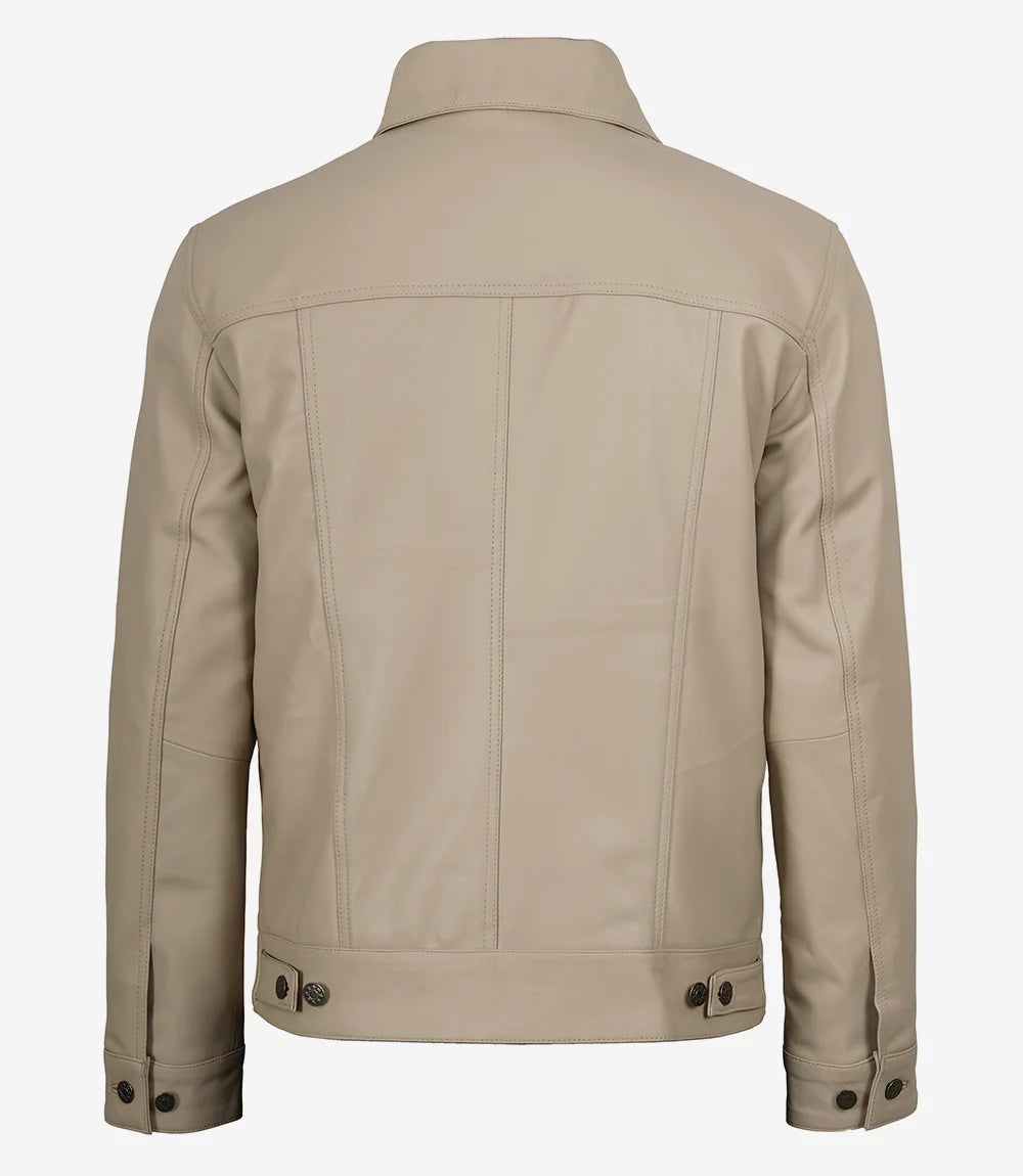 Men's Real Lambskin Leather Beige Trucker Jacket