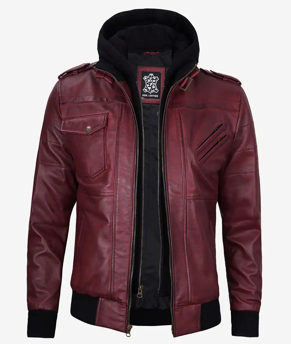 Men's Bomber Leather Jacket With Removable Hood