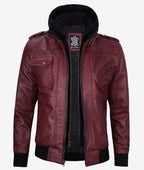 Men's Bomber Leather Jacket With Removable Hood