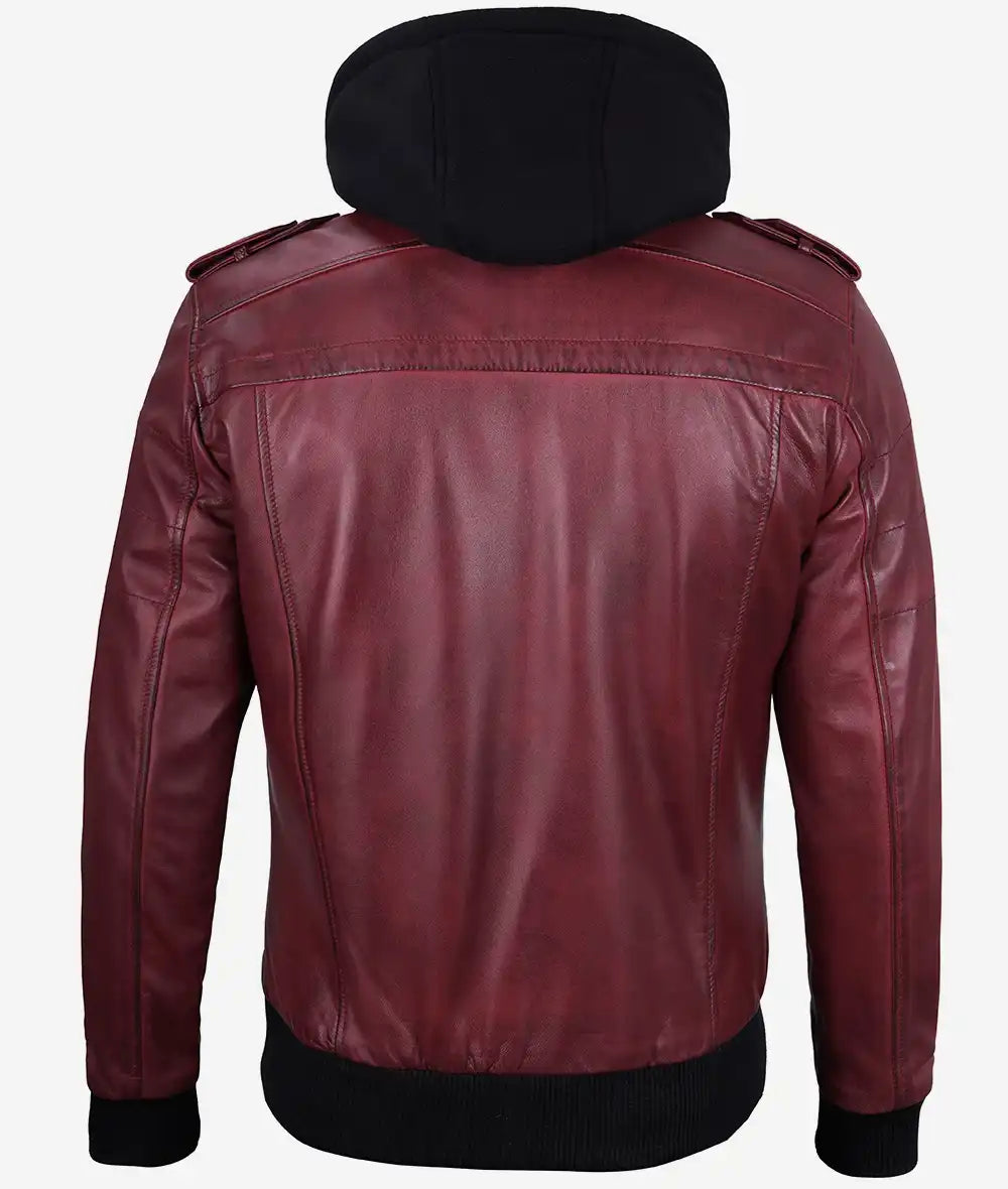 Men's Bomber Leather Jacket With Removable Hood