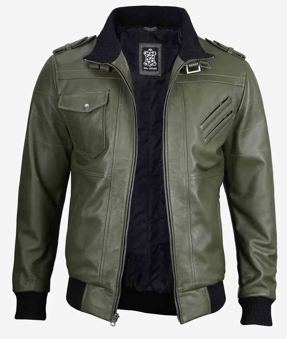 Men's Bomber Leather Jacket With Removable Hood