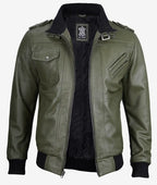 Men's Bomber Leather Jacket With Removable Hood