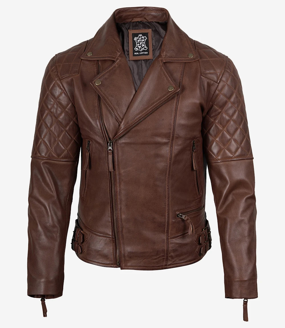 Men's Real Leather Asymmeterical Cognac Biker Style Jacket