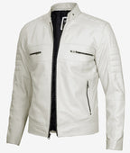 Mens Off White Biker Style Leather Jacket