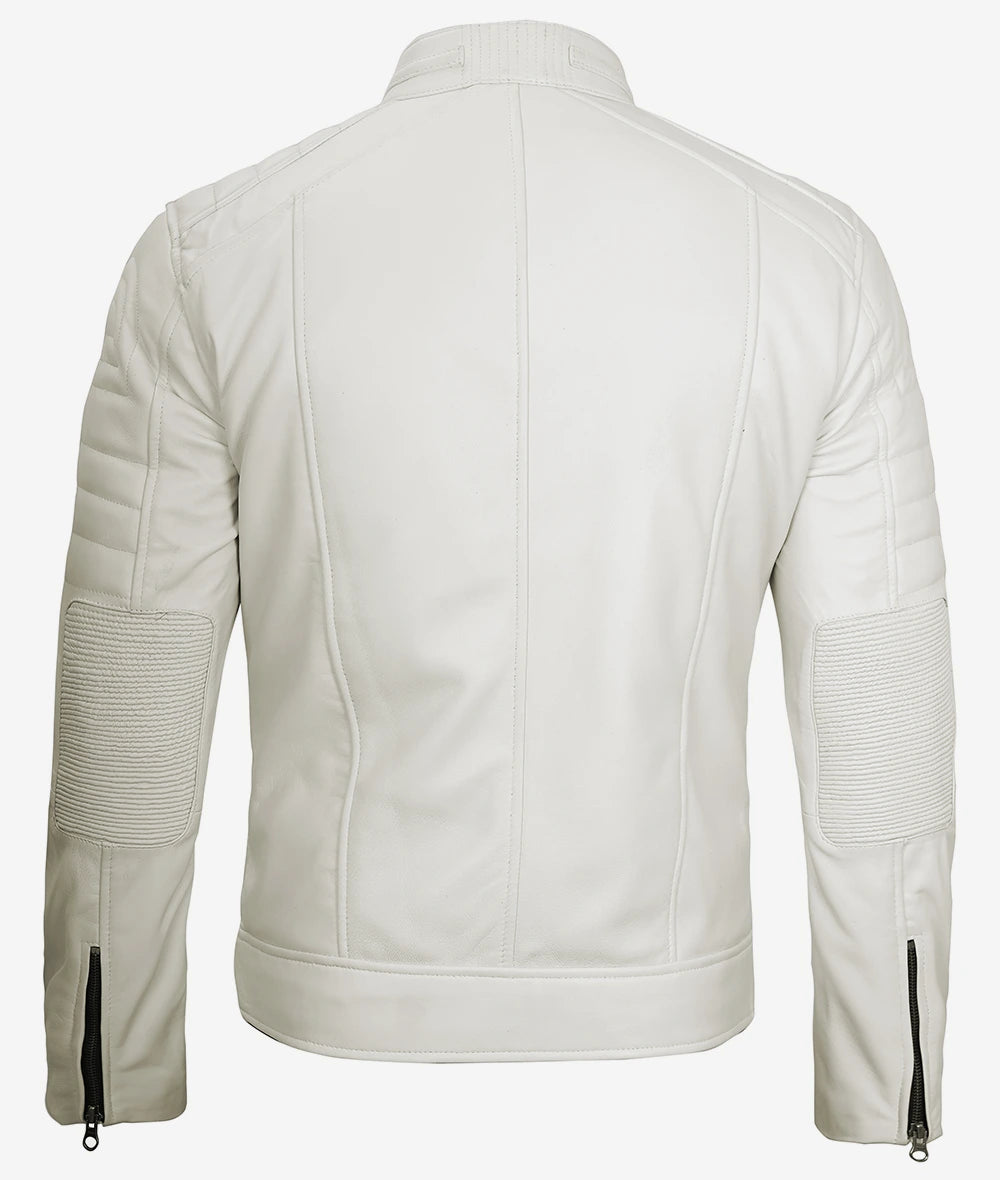 Mens Off White Biker Style Leather Jacket