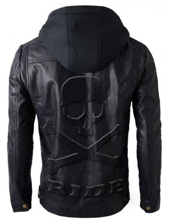 Brando biker Leather Jacket Hoodie Skull Embossed Logo
