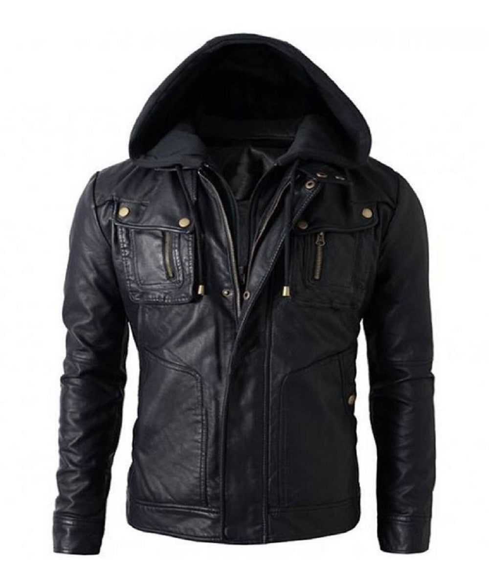 Brando biker Leather Jacket Hoodie Skull Embossed Logo