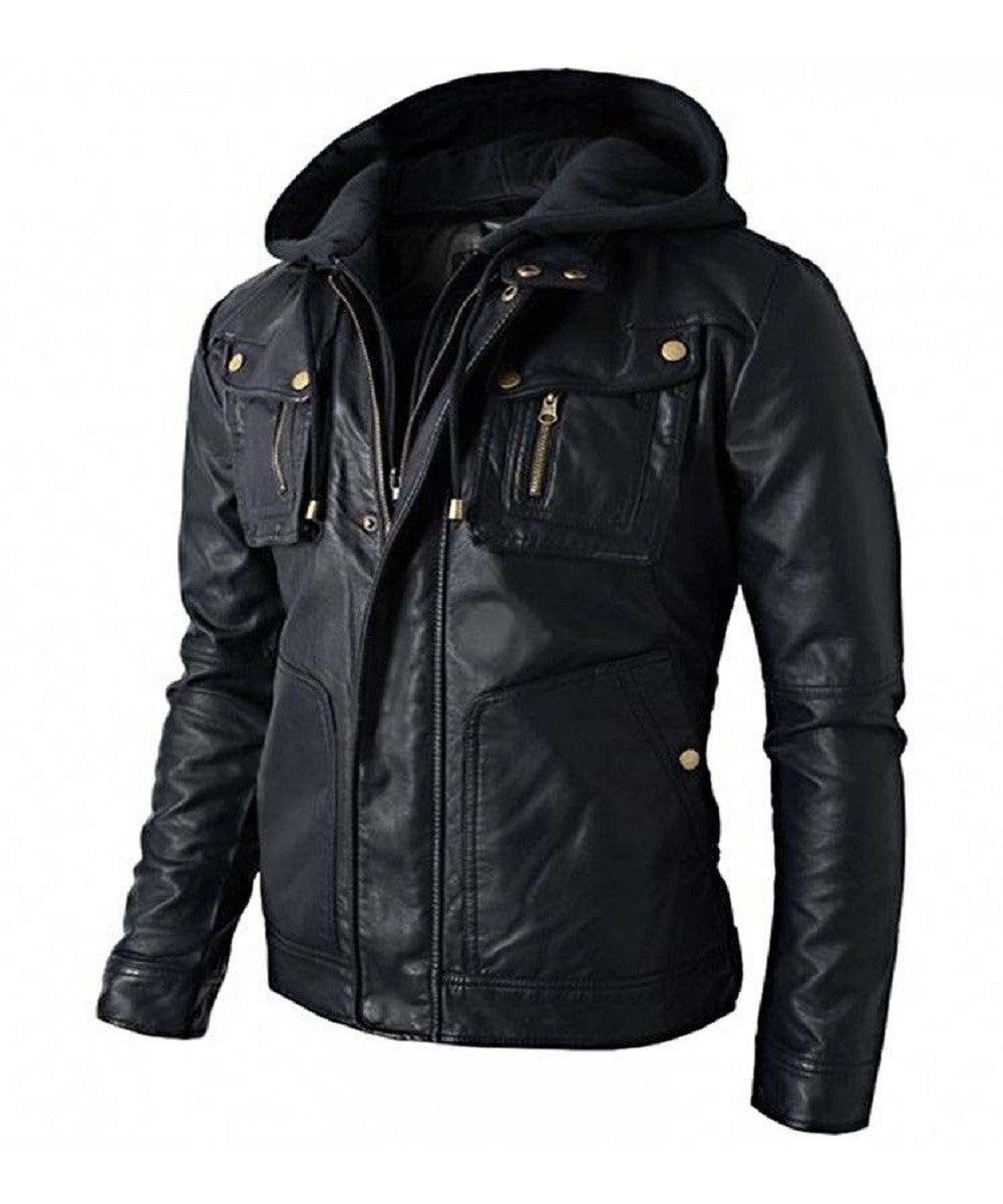 Brando biker Leather Jacket Hoodie Skull Embossed Logo
