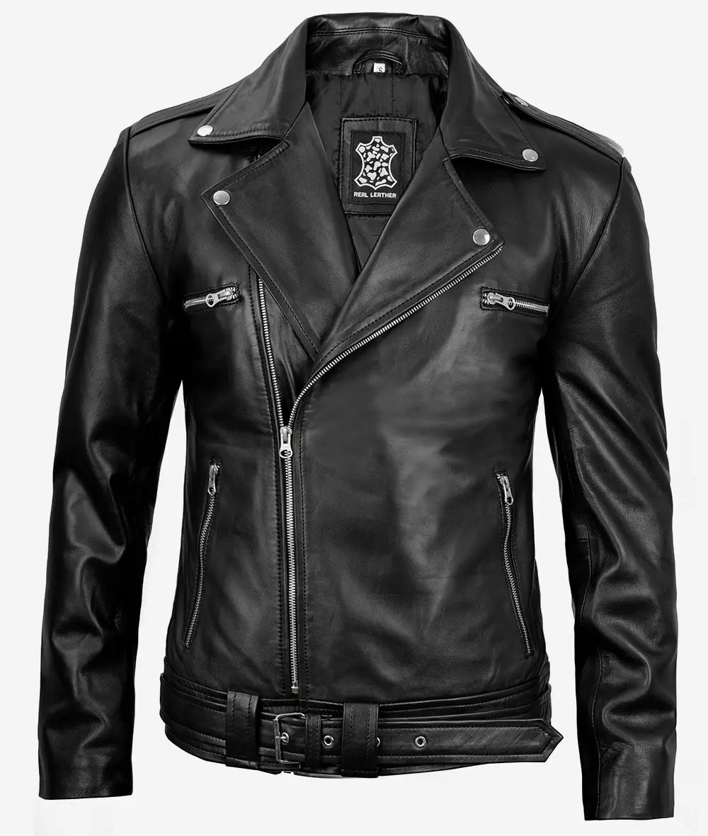 Men's Black Asymmetrical Belted Biker Leather Jacket – Lambskin