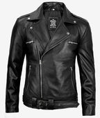 Men's Black Asymmetrical Belted Biker Leather Jacket – Lambskin