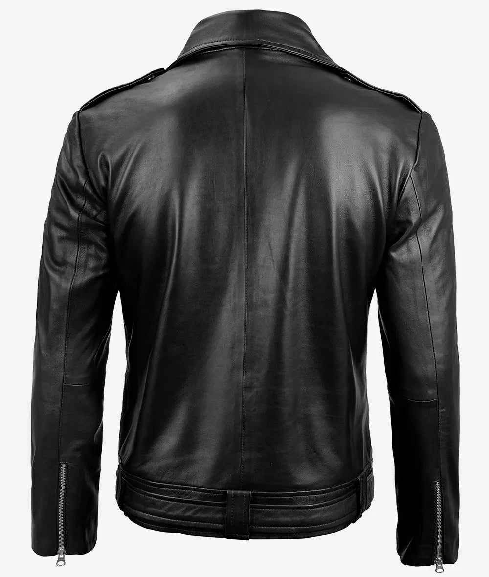 Men's Black Asymmetrical Belted Biker Leather Jacket – Lambskin