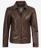 Reeves Mens Shirt Collar Brown Leather Jacket
