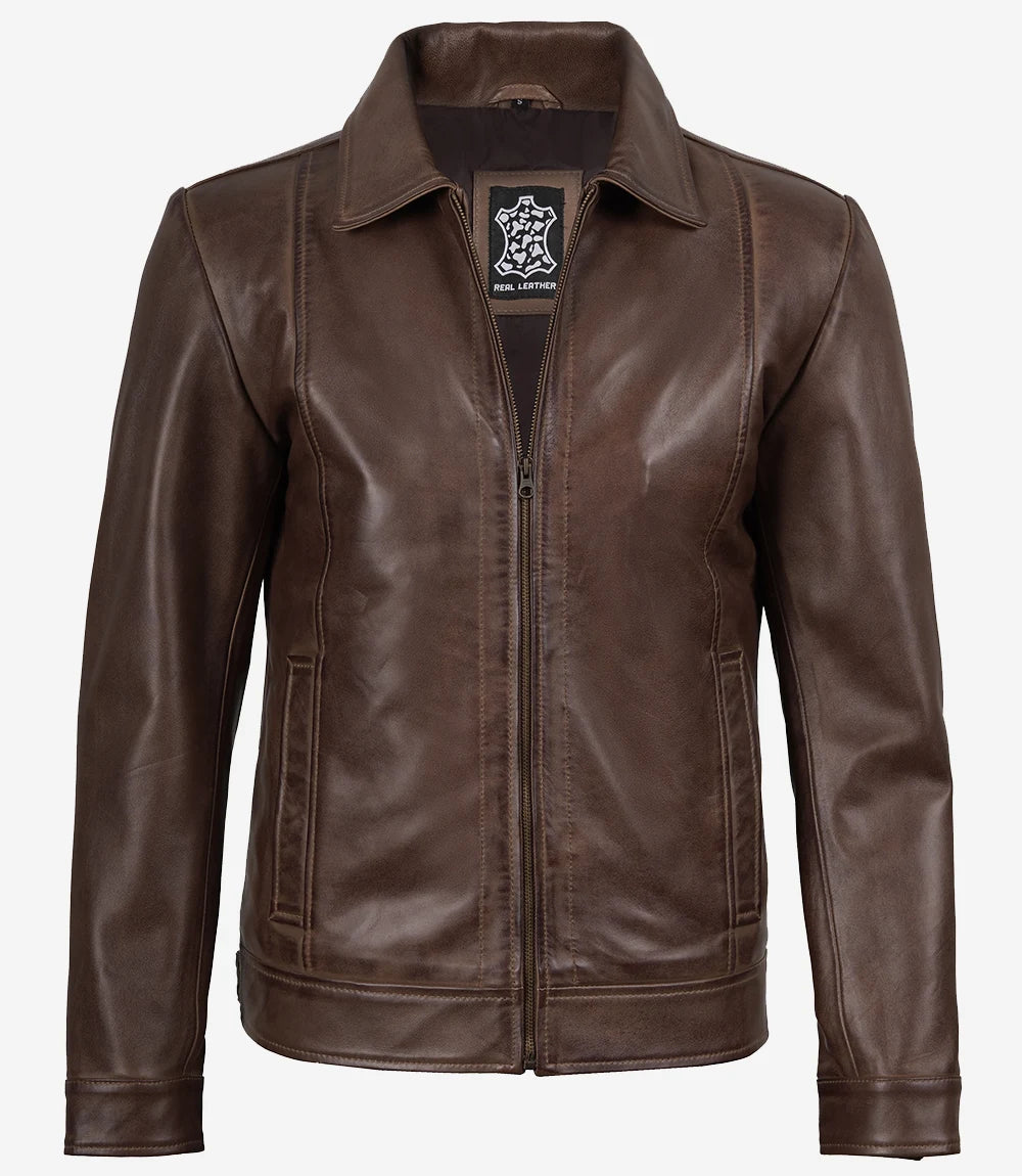 Reeves Mens Shirt Collar Brown Leather Jacket