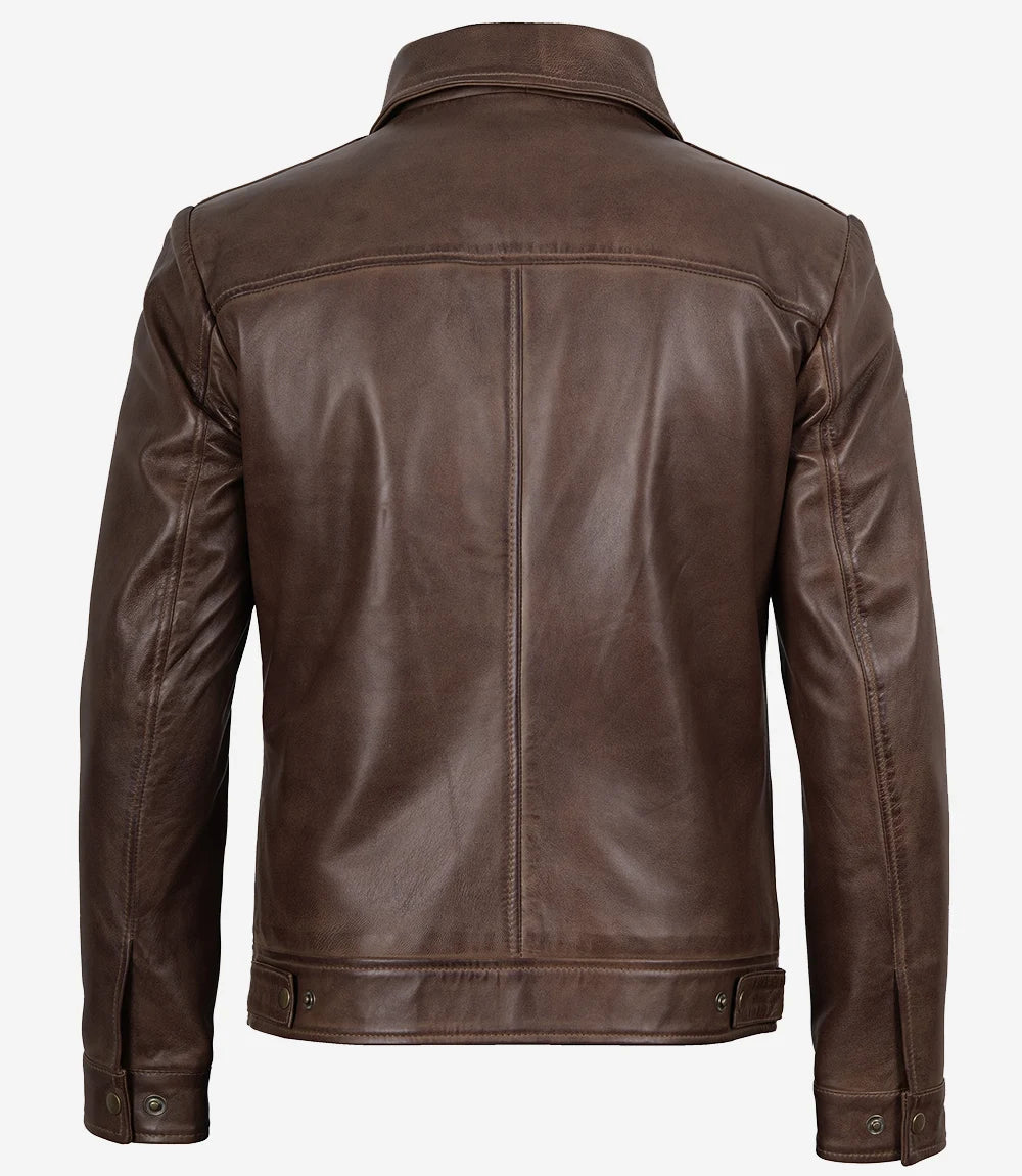 Reeves Mens Shirt Collar Brown Leather Jacket