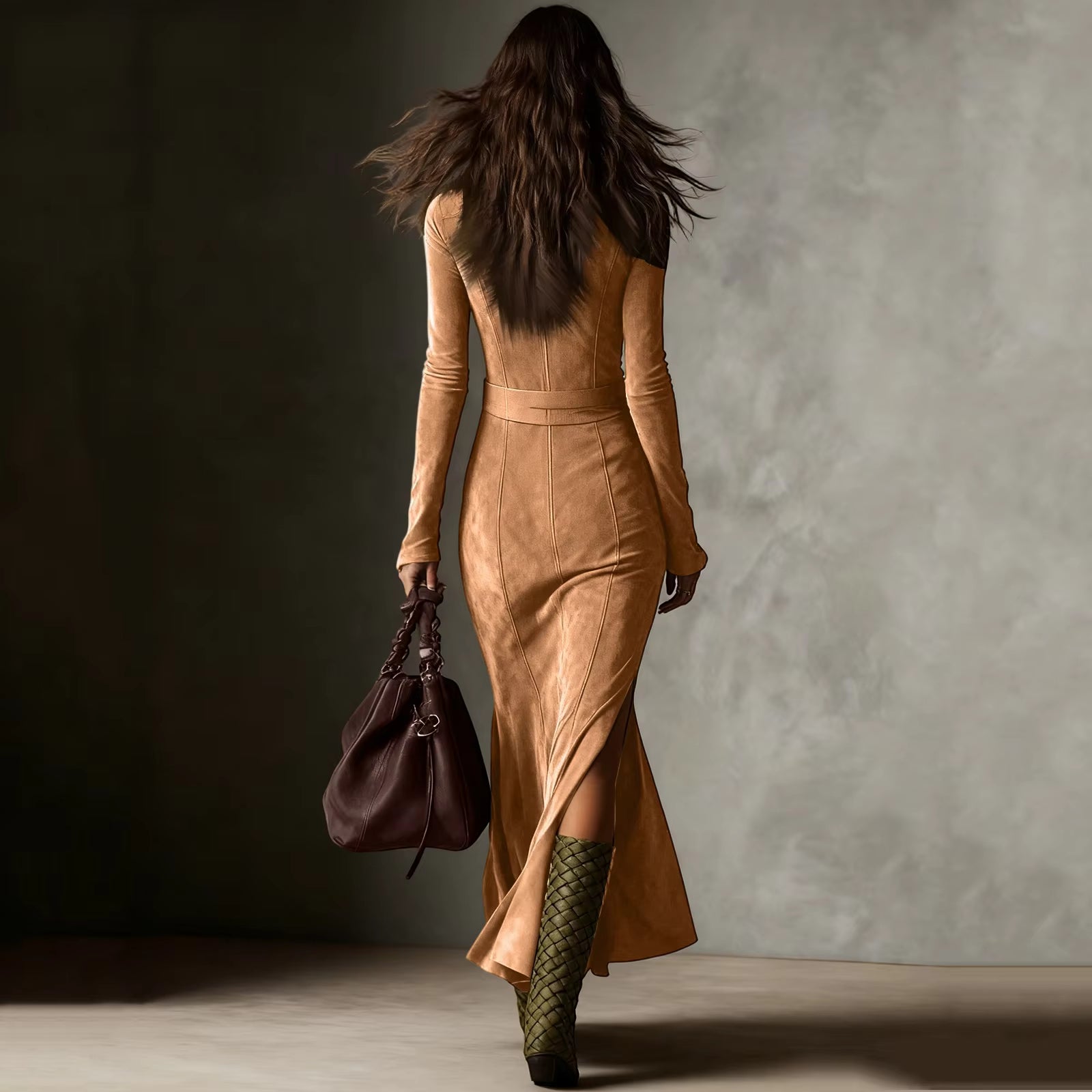 High-Neck Zip-Front Belted Maxi Dress with Front Slit