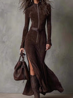 High-Neck Zip-Front Belted Maxi Dress with Front Slit