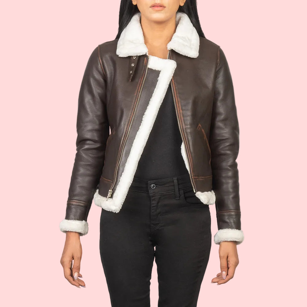 Premium Sherilyn B-3 Brown Shearling Bomber Leather Jacket
