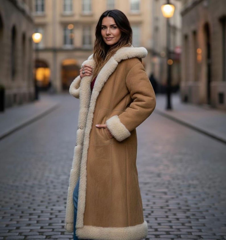 Long Shearling Lined Tan Winter Coat for Women