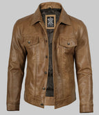 Men’s Camel Brown Real Leather Trucker Jacket