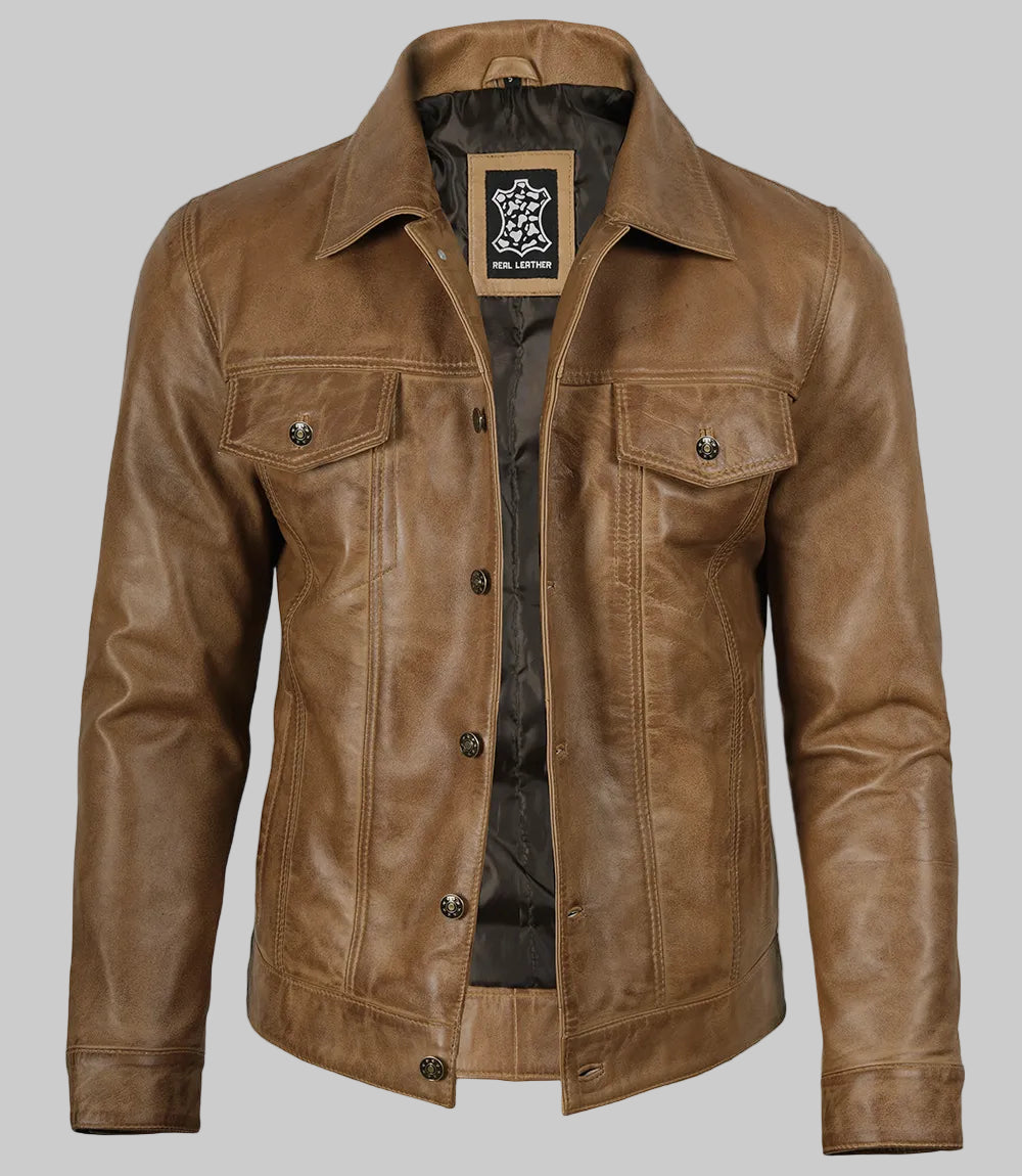 Men’s Camel Brown Real Leather Trucker Jacket