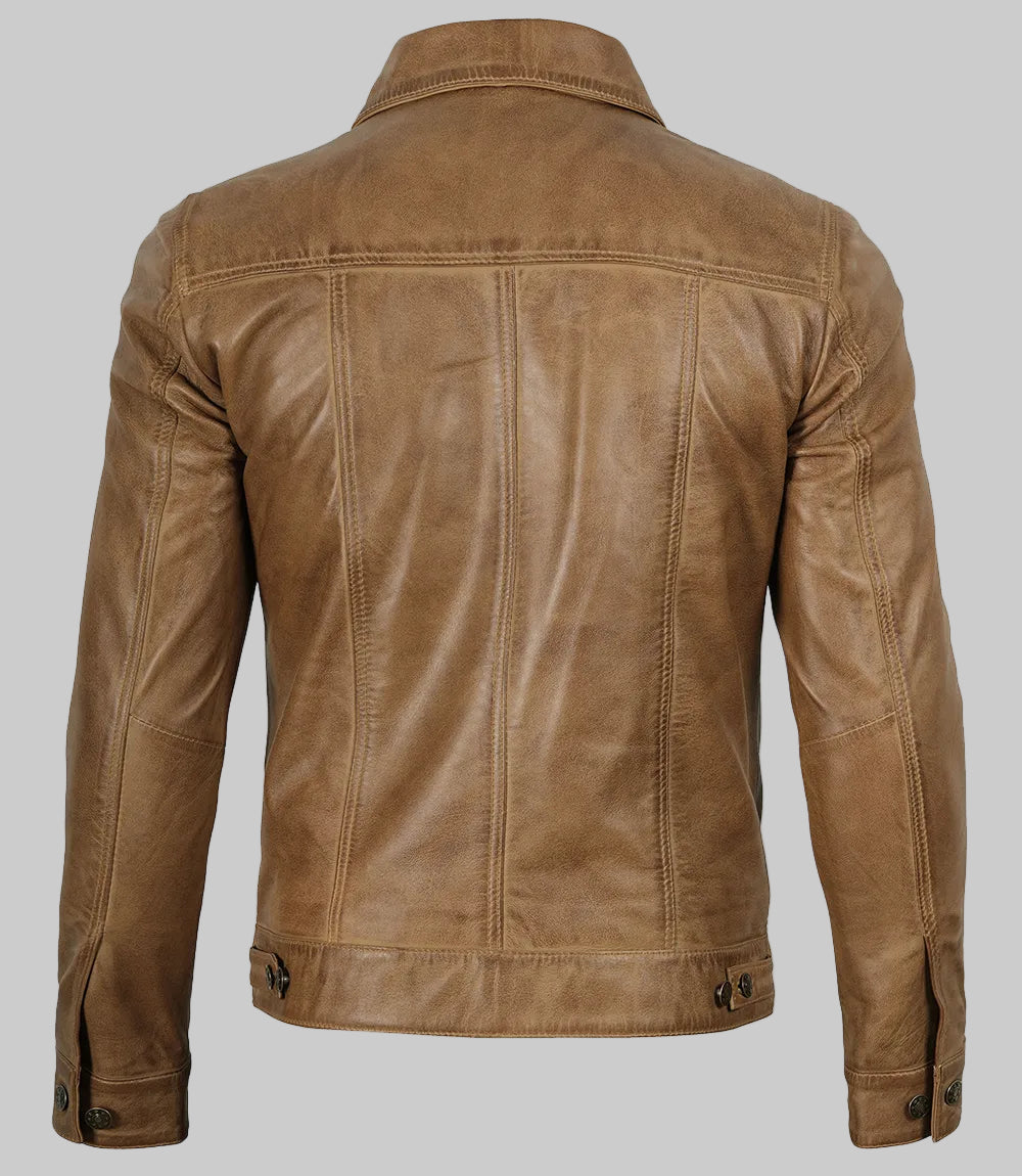 Men’s Camel Brown Real Leather Trucker Jacket