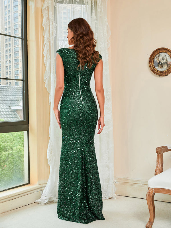 Women’s Green Sequin Sling Mid‑Waist Long Party Dress