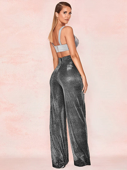 Women’s Hot Silver High‑Waist Wide Leg Pants – Straight Casual Trousers