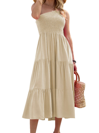 Woven One-Shoulder Casual Elegant Dress – Chic Spring-Summer Midi