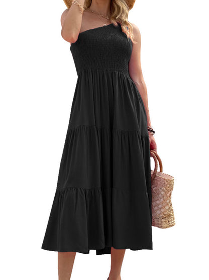 Woven One-Shoulder Casual Elegant Dress – Chic Spring-Summer Midi