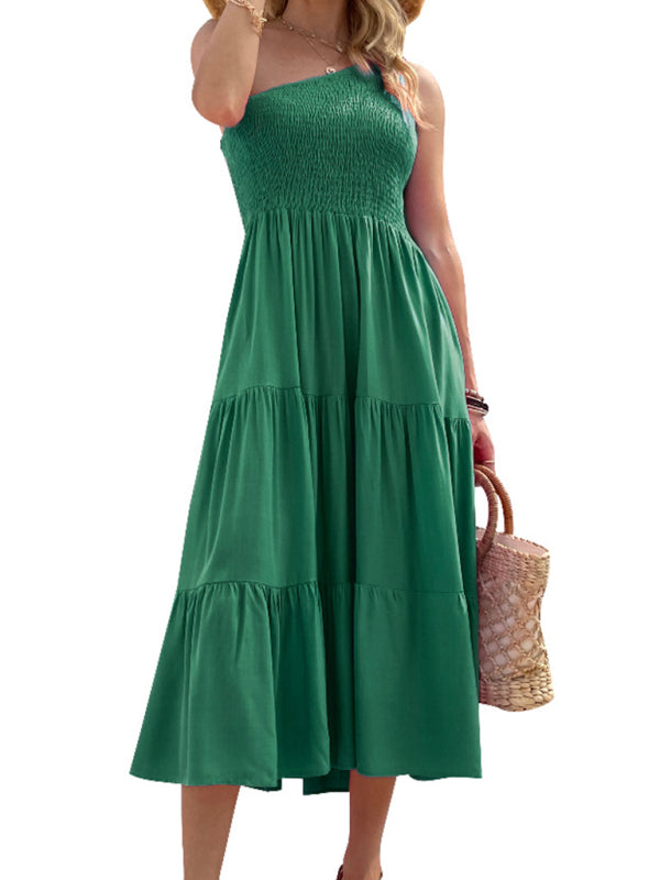 Woven One-Shoulder Casual Elegant Dress – Chic Spring-Summer Midi