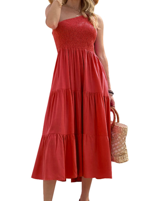 Woven One-Shoulder Casual Elegant Dress – Chic Spring-Summer Midi