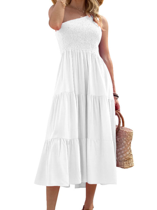 Woven One-Shoulder Casual Elegant Dress – Chic Spring-Summer Midi